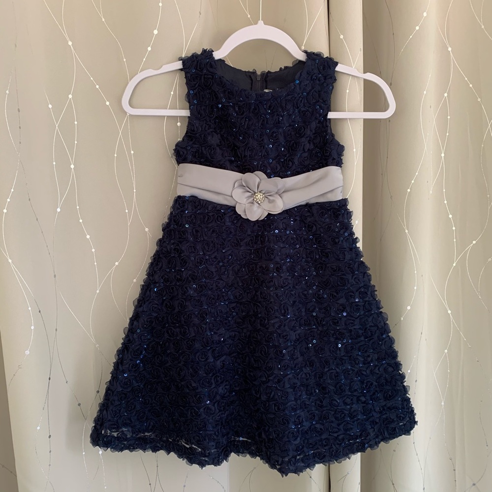 Rare Editions Navy Rosette Dress with Grey Bow
